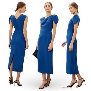 Roland Mouret $1150 Blue Midi Dress Navy Crepe Wool Silk Cap US Size 8